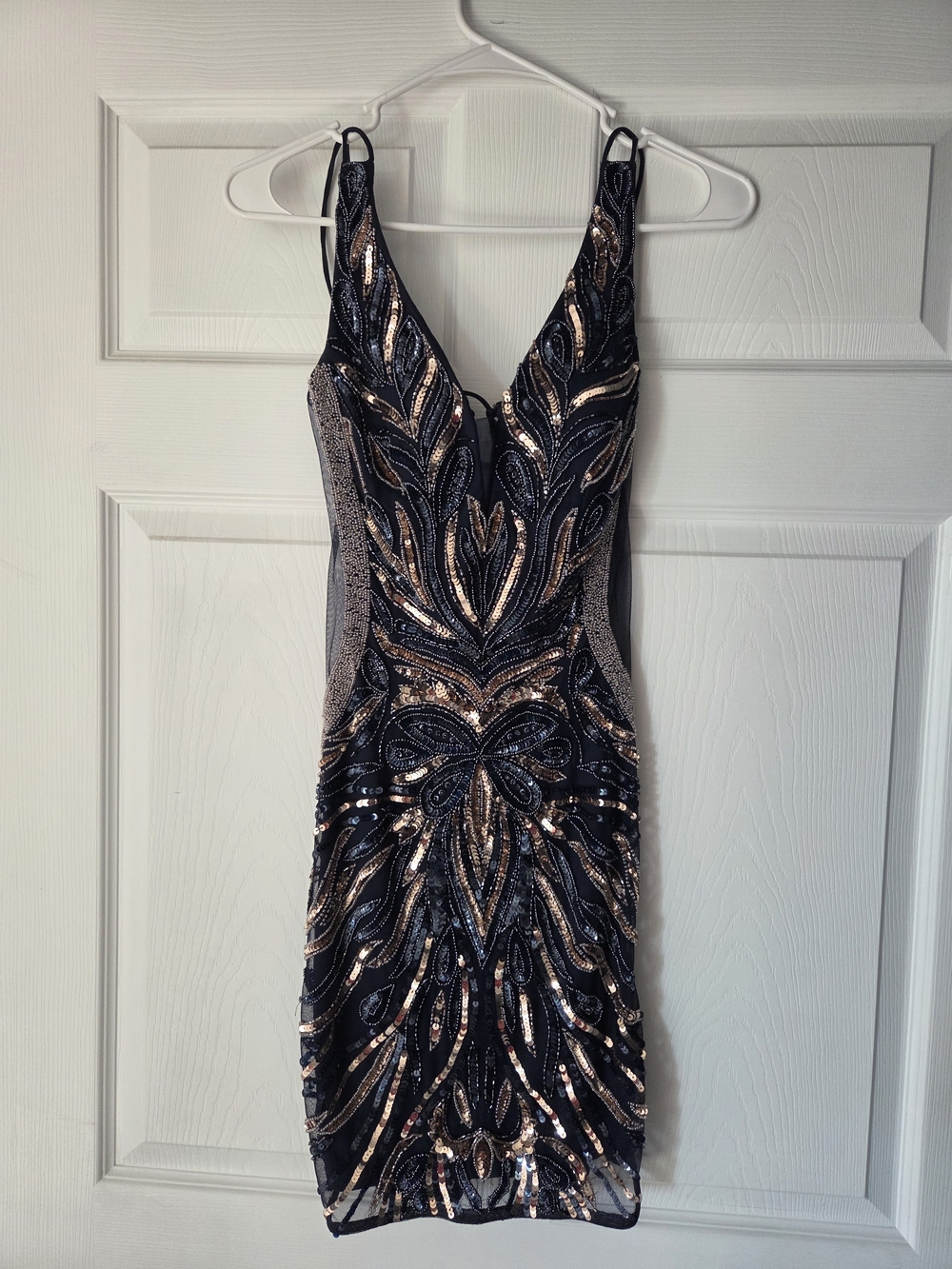 Navy and Rose Gold Sequin V-Neck Homecoming Dress - Picture 2 of 6